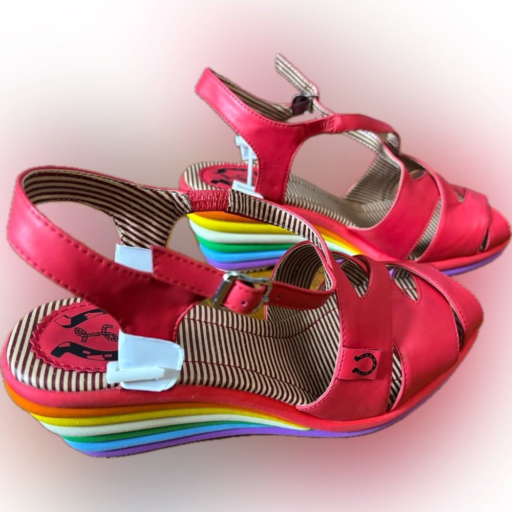 NIB Miss L Fire 41 or 10 Rainbow Wedge Red Leather Sandals 🌈